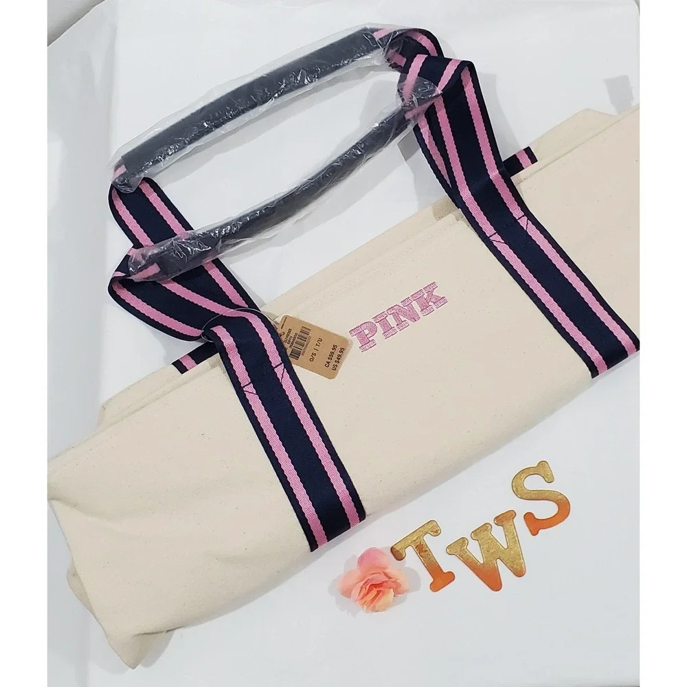 Victoria's Secret PINK Canvas Tote Bag Cream Beige Navy Pink Striped Zip Top NEW
